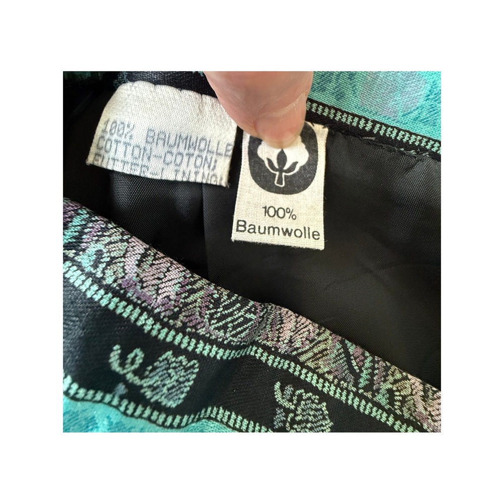 VTG‎ Geiger Teal Black Floral Striped Pleated Cotton Dirndl Skirt Size 40 - Picture 8 of 9